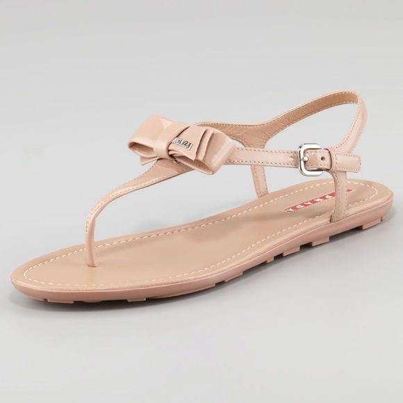 Prada Shoes - Prada Patent Leather Bow Thong Nude Sandal
